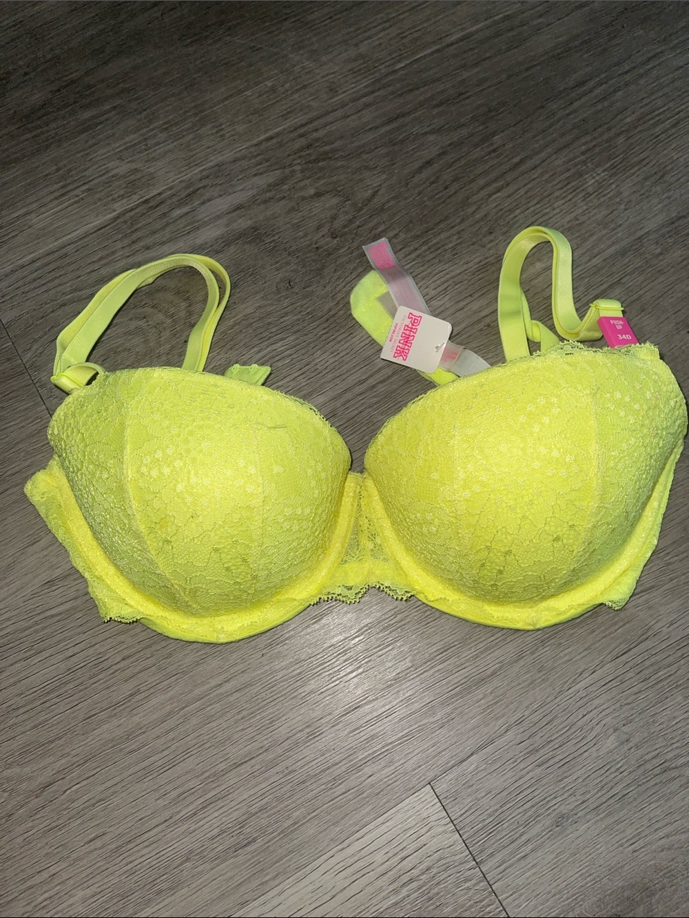 PINK Victoria's Secret Neon Yellow Lace Push-Up Bra